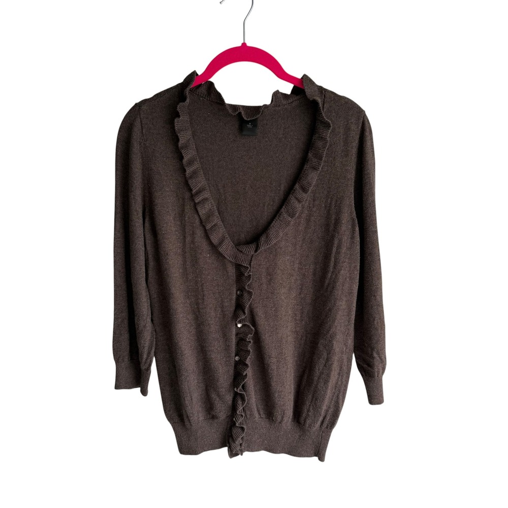 ANN TAYLOR Brown 3/4 Sleeve Ruffled Ladies Cozy Cardigan Sweater, M